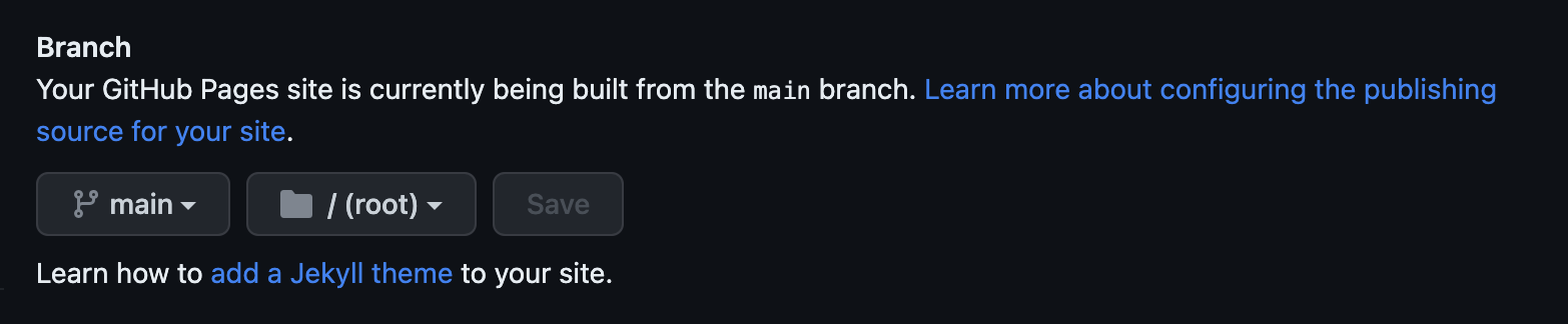screenshot of github pages publishing source